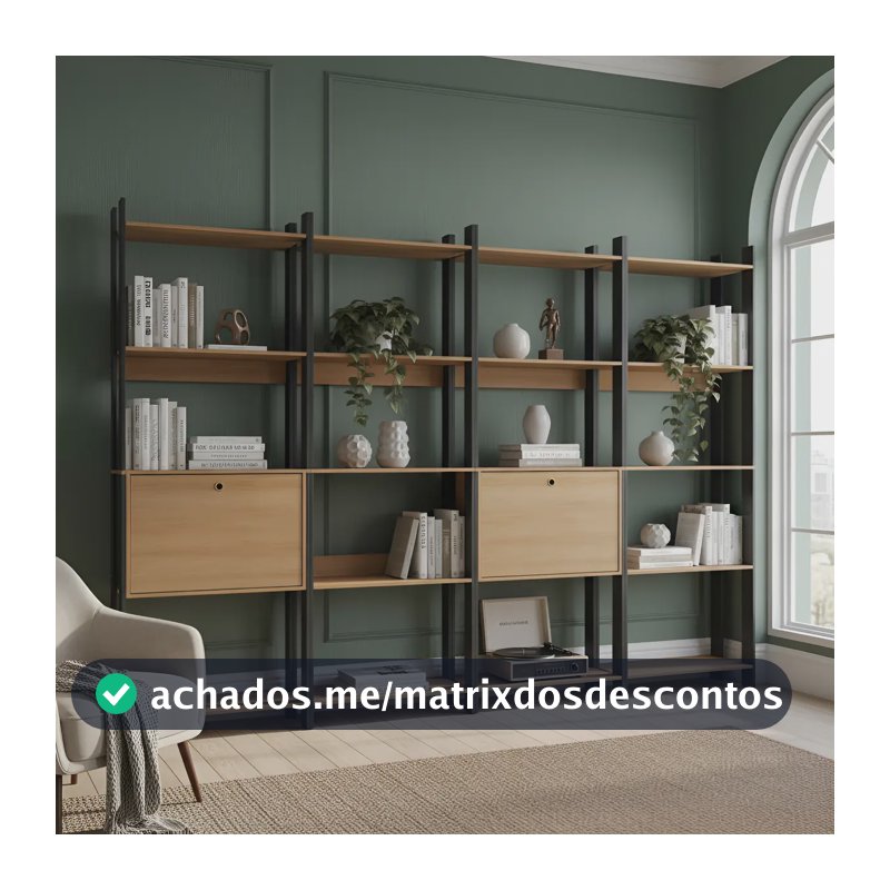 Kit 4 Estantes Para Livros 2 Portas 20 Prateleiras Estilo Industrial Lâmina Mel/preto - Brv Móveis