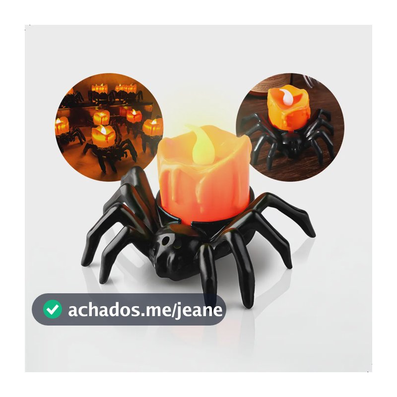 Kit 12 Porta Velas Halloween Aranha Preta Com Vela LED Efeito Chama Enfeite Decorativo Dia Das Bruxas Para Festa Mesa Casa Decoração Temática Assustadora Iluminada Luz Laranja A Pilha