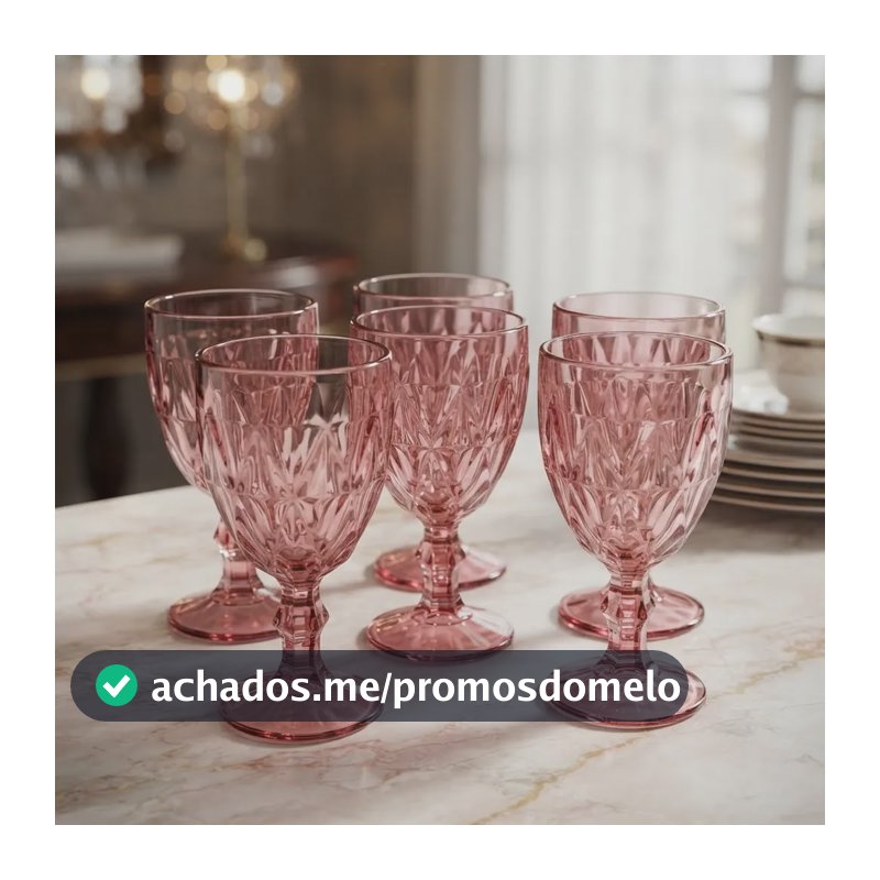 Jogo De 6 Taças Diamante Copo Vidro 330ml Agua Vinho Rosa