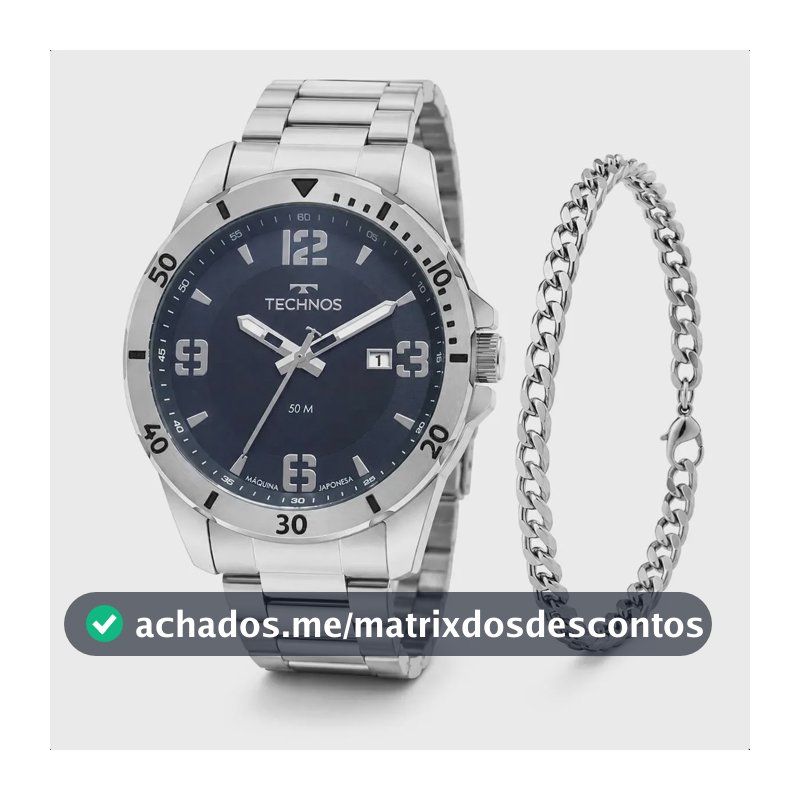 Relogio Technos Masculino 2115MYN/1A 45 Milímetros em Aço Inoxidável com Calendário Fundo Azul Petróleo + Pulseira Masculina
