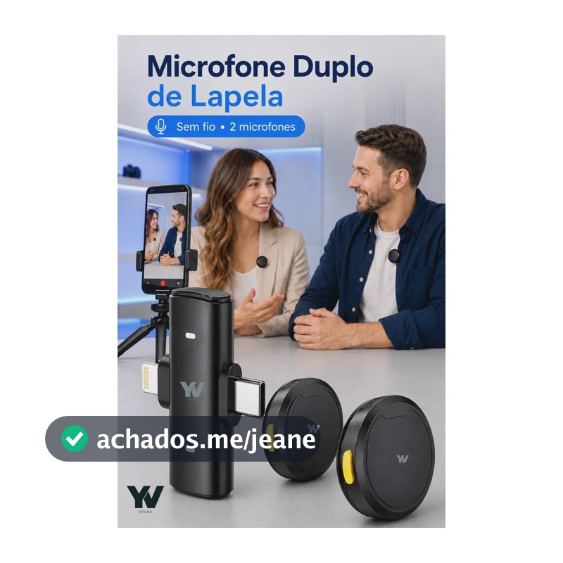 Microfone Lapela Duplo Sem Fio Anti Ruído iPhone E Tipo C Preto