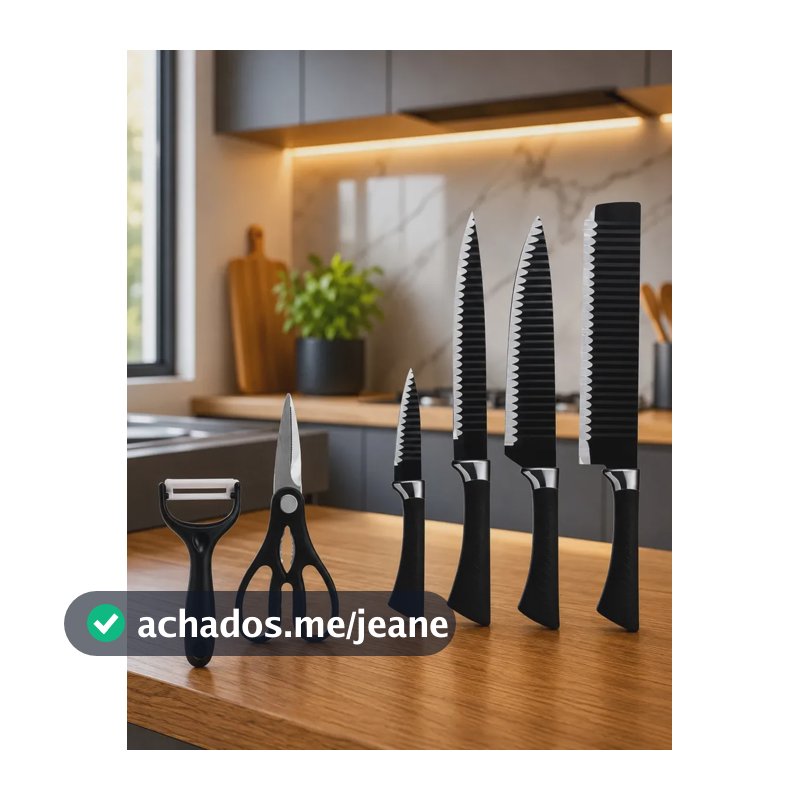 Kit 6 Facas Conjunto Para Cozinha Churrasco Faqueiro Premium Preto