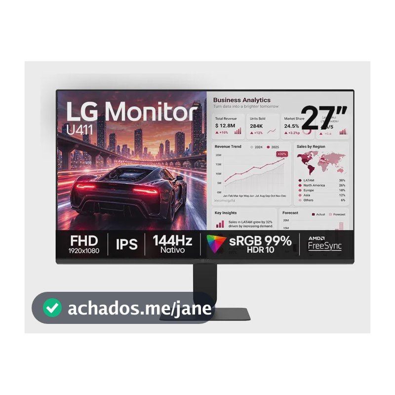 Monitor LG FHD Gamer & Office tela IPS 27”, 1ms (MBR), 144Hz Nativo, FreeSync, HDR10, sRGB, Modo leitura, Flicker Safe, HDMI, Black Stabilizer, Dynamic Action Sync, Preto - 27U411B