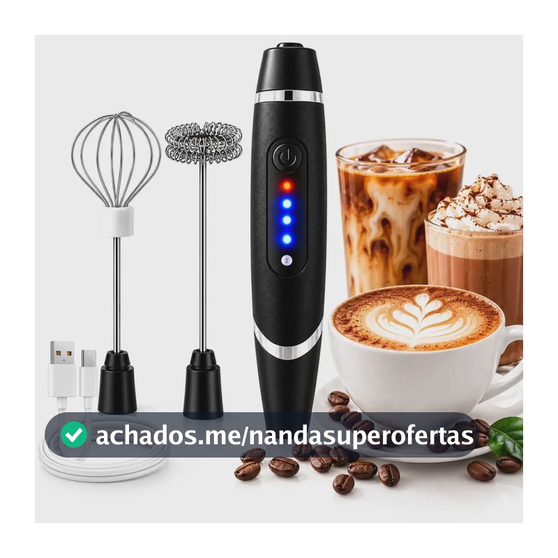 Mini Mixer Elétrico Recarregável USB 3 Velocidades – Espumador de Leite Profissional em Aço Inoxidável – Misturador Portátil para Cappuccino, Café, Matcha, Shakes e Ovos