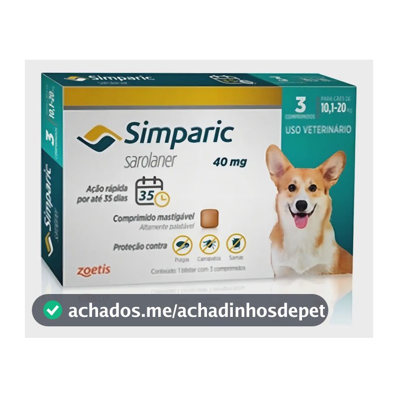 Simparic 40mg Antipulgas e Carrapatos para Cães 10-20kg 3 Comprimidos Zoetis
