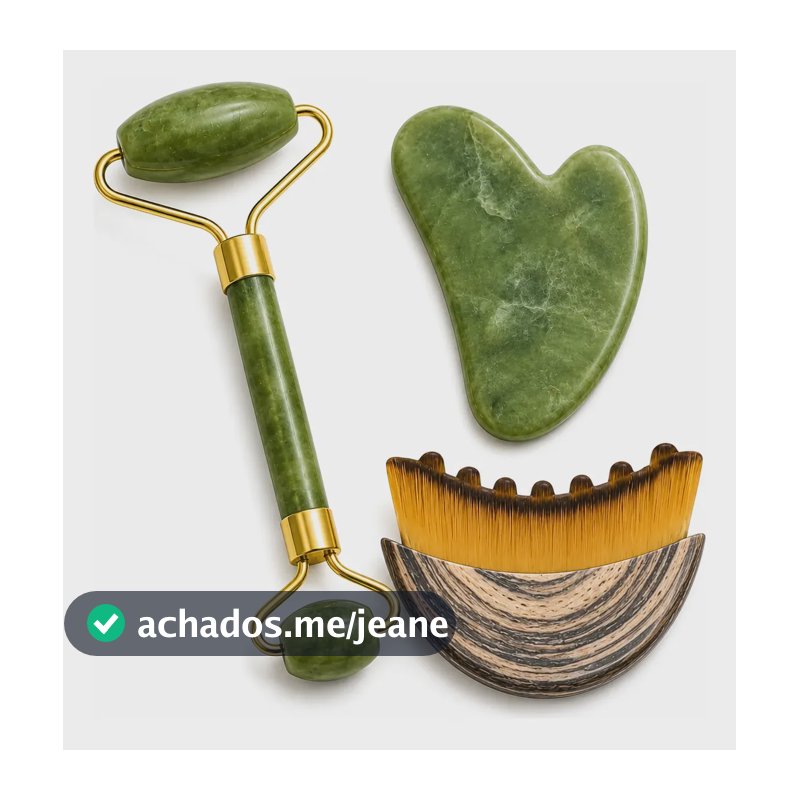 Kit Jade Roller + Gua Sha Verde + Escova De Drenagem Facial Verde