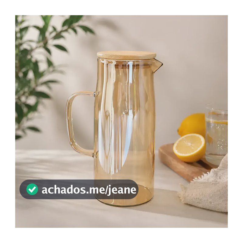 Jarra De Vidro Borossilicato 1lt Com Tampa Bambu Luxo Pemog Âmbar