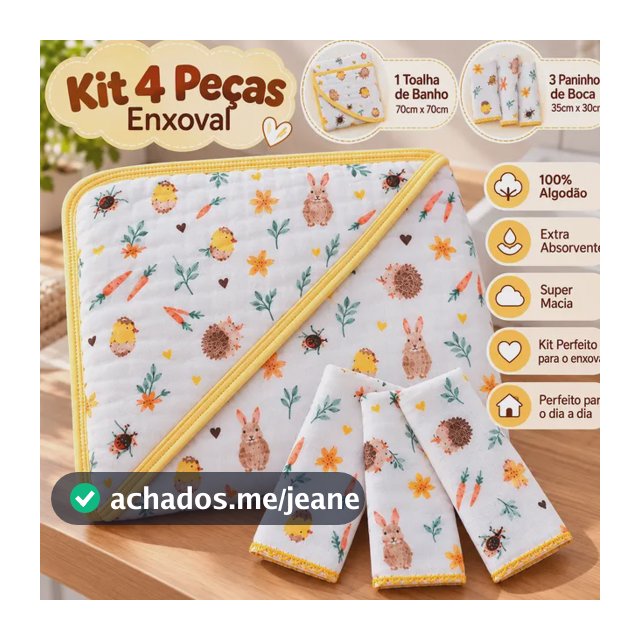 Kit Enxoval 1 Toalha Banho Bebê Soft Capuz + 3 Paninhos Boca