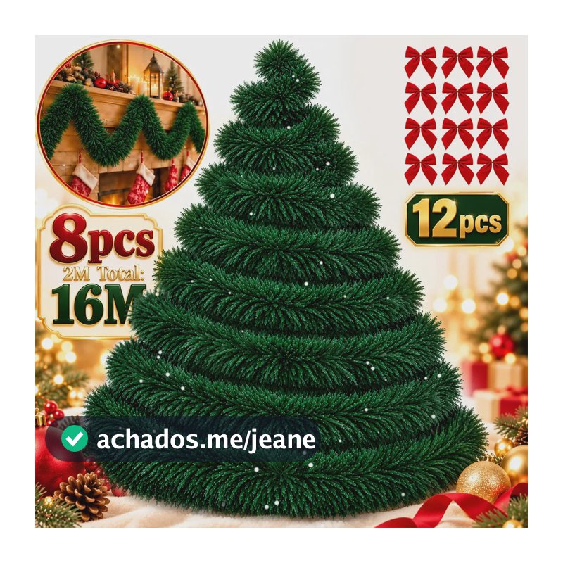 16M 8 Tiras Festão Natal Verde Grosso Cheio Conjunto Cada tira com 2 Metros Flexível Algas Artificiais 12 Laços Vermelho Dourado Decoração Natalina Varanda Lareira Corrimão Escada lookloook