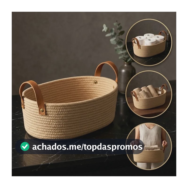 Cesto Organizador de Algodão Trançado Bege Com Alças de Couro Para Lavabo e Banheiro