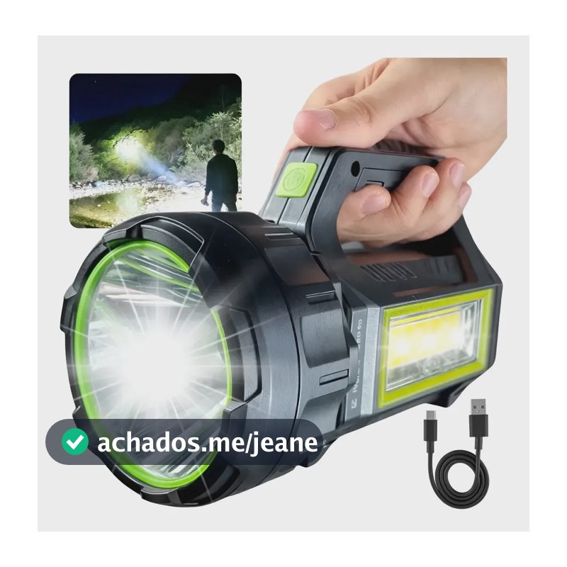 Lanterna De Led Tática Grande Com Luz Forte Tipo Farolete 100000 Lúmens Recarga Usb E Solar Power Bank 7 Modos Ideal Para Uso Rural Camping Trilha Pesca Emergência E Segurança Noturna