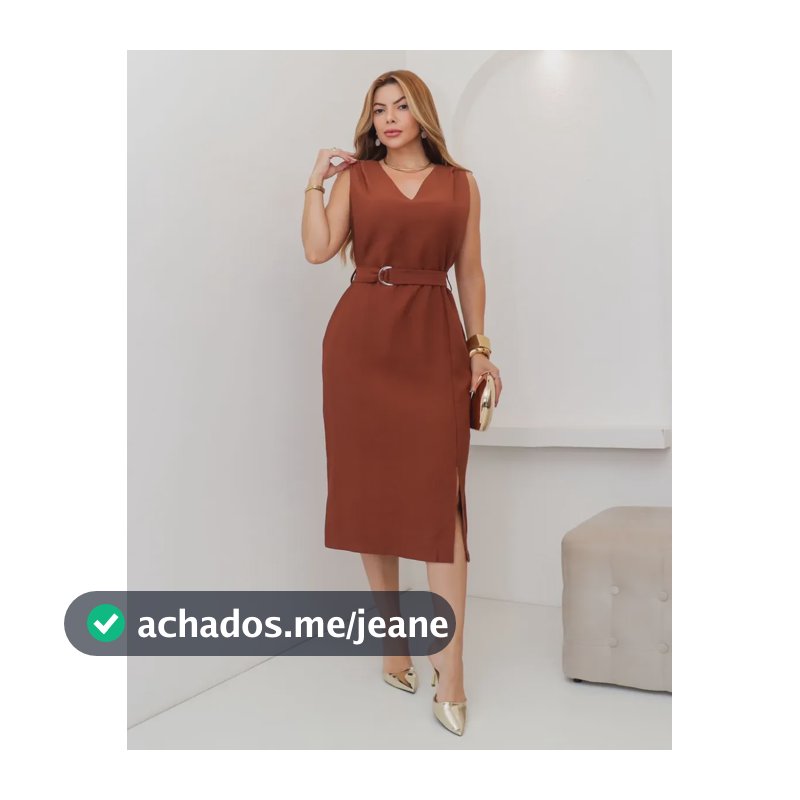 Vestido Tubinho Midi Com Fenda E Cinto Alfaiataria Envio 24h Marrom G