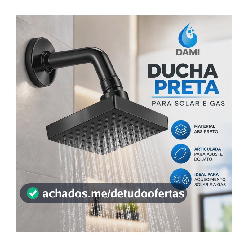 Ducha Chuveiro Dami Quadrada Articulada Preta fosca ABS Para Aquecedor Solar E A Gás Entrada 1/2