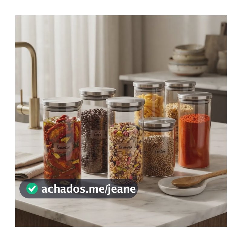 Kit 6 Potes 750ml Herméticos Inox Vidro Redondo Mantimentos Transparente