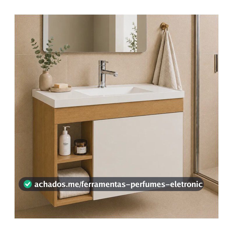 Armário Gabinete Suspenso para Banheiro com Cuba Compacta Moderna Nature/Off White - Blue Moby