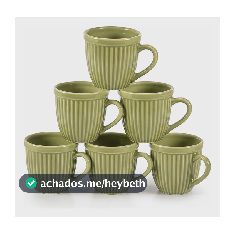 Jogo 6 Xícaras 210ml Caneca Canelada Em Porcelana Chá Café Verde-claro Canelada