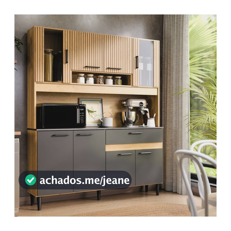 Armário de Cozinha Completa com Balcão 8 Portas Gaveta Com Vidro Nicho Organizador Ripado Carvalho Nature Cinza Grafite