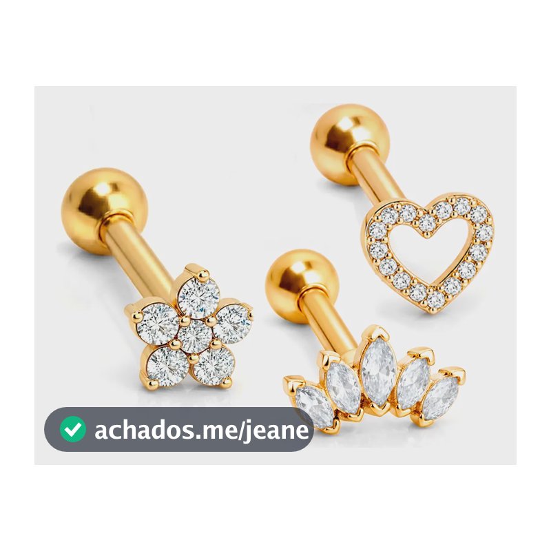 Kit 3 Piercings Flor Coração Coroa Orelha Tragus Helix Dourado