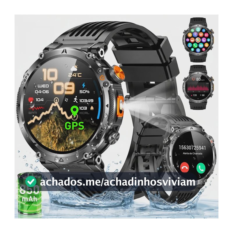 Relógio Inteligente Smartwatch Gps Autônomo IP68 3ATM À prova dágua 850mAh Preto NOVANTE Digital Feminino Masculino Esportivo Android IOS Notificações Instantâneas Bluetooth Chamadas Lanterna Bússola