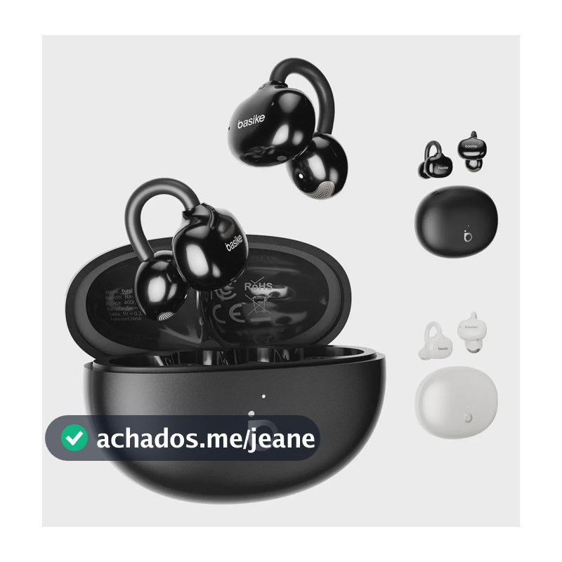 Basike Fone de Ouvido Sem Fio Ear-Clip Ba-FON349 Bluetooth 6.0 , Cancelamento de Ruídos, Estéreo, Bateria 30H, IPX5 Á Prova de Água, Ergonômico e Confortável, Música e Ligações