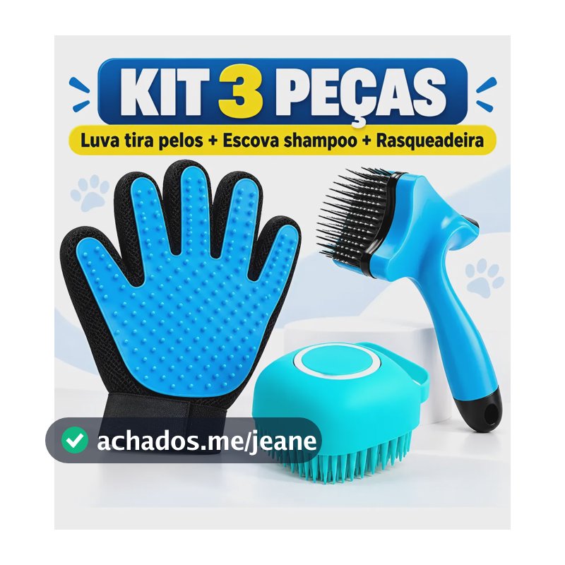 Kit Luva + Lava Pelos Escova + Dispenser Banho Shampoo Pet Aleatório