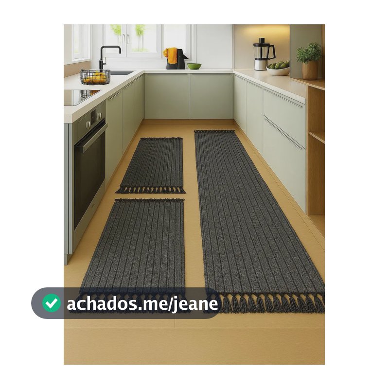 Jogo Tapete Passadeira Para Cozinha De Tear 3 Peças Cor Cinza Listrado