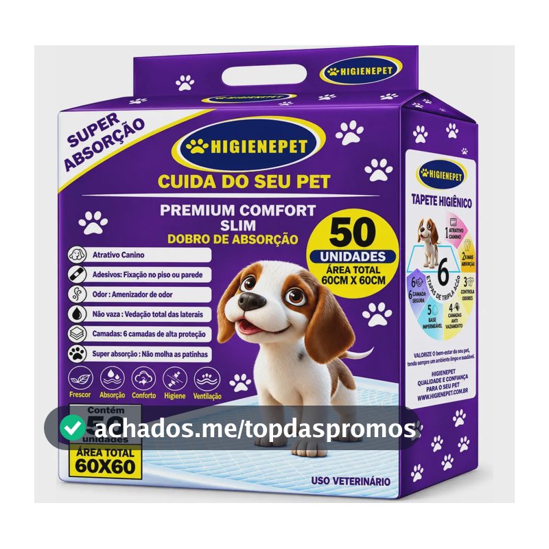Tapete Higiênico P/Cães 60x60cm 50 Unidades Premium Higienepet