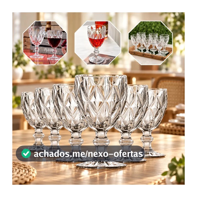 Jogo de 6 Taças Diamond Luxo em Vidro 330 mL para Vinho e Água Gostei!