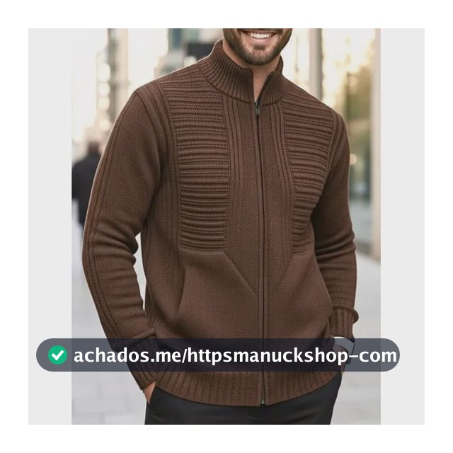 Jaqueta Masculina Preta Lã Tricot Inverno Com Bolso E Zíper