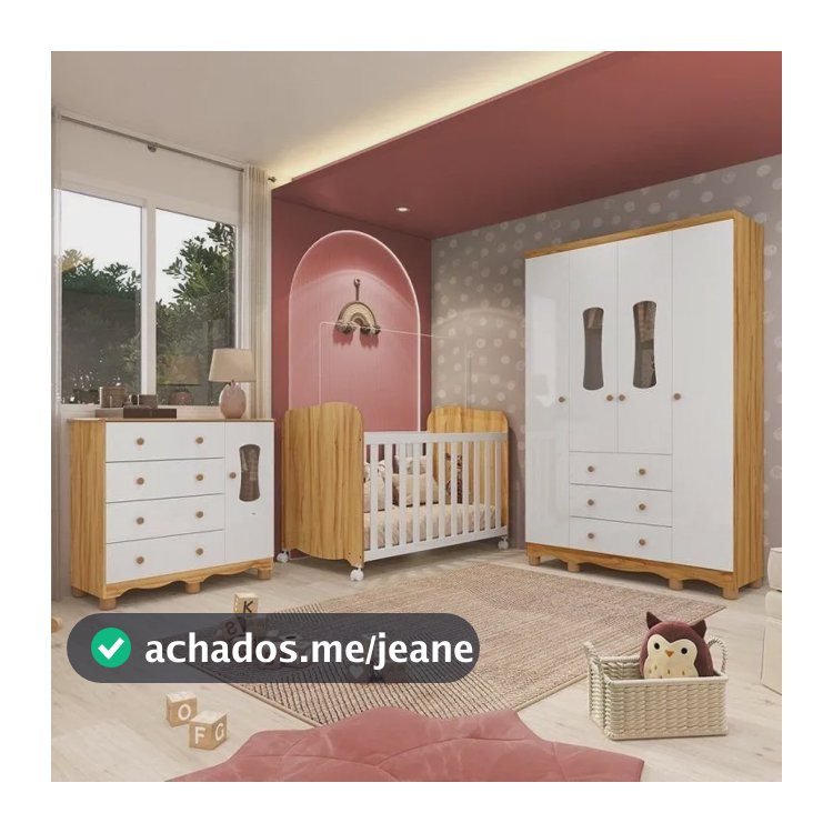 Quarto De Bebê Com Guarda-roupas 4 Portas Janeladas Cômoda Branco Brilho/amêndoa