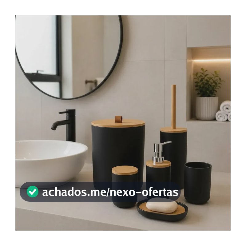 Kit Acessórios Banheiro 6 Peças Lixeira Escova Sanitária Dispenser Sabão Líquido Porta Escova Dente Saboneteira Cor Preto