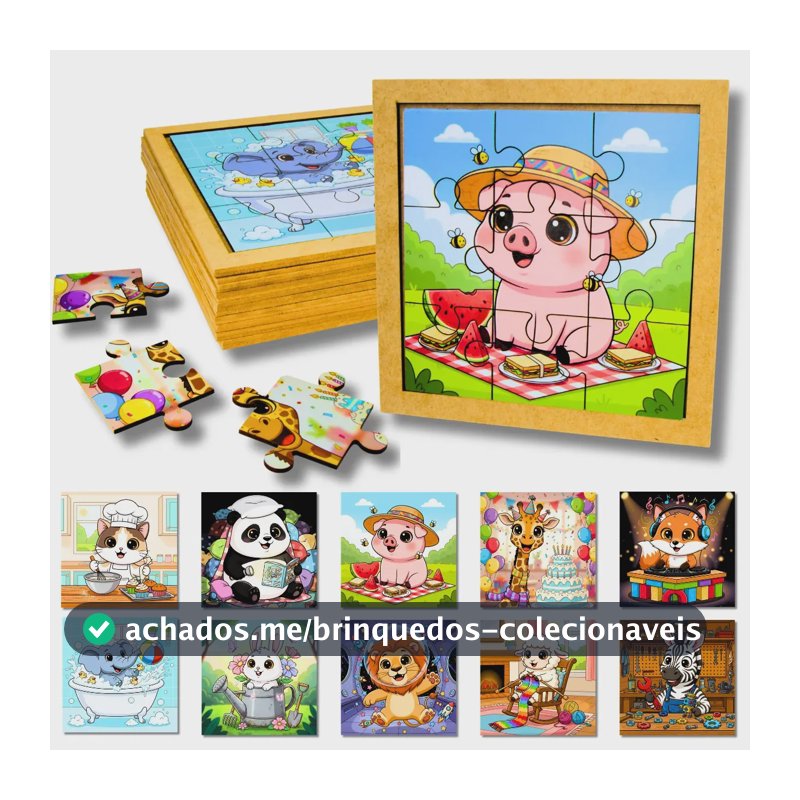 Kit 10 Quebra Cabeças Animais Brinquedo Infantil Colorido Educativo Madeira Mdf