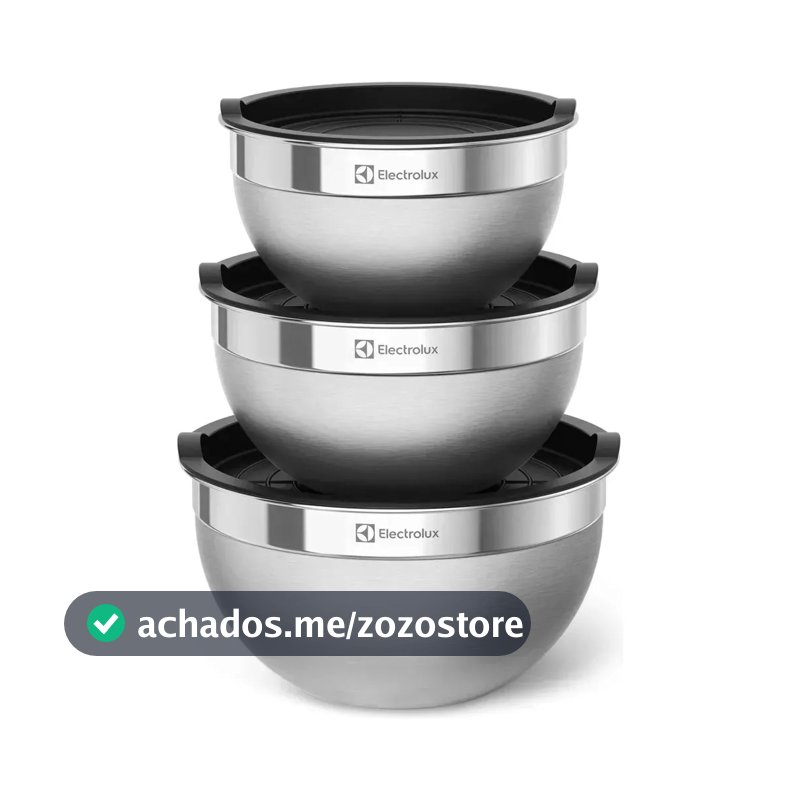 Electrolux Kit 3 Bowls Tigelas de Aço Inox com Tampa Plástica, 1,4L, 2L e 2,6L