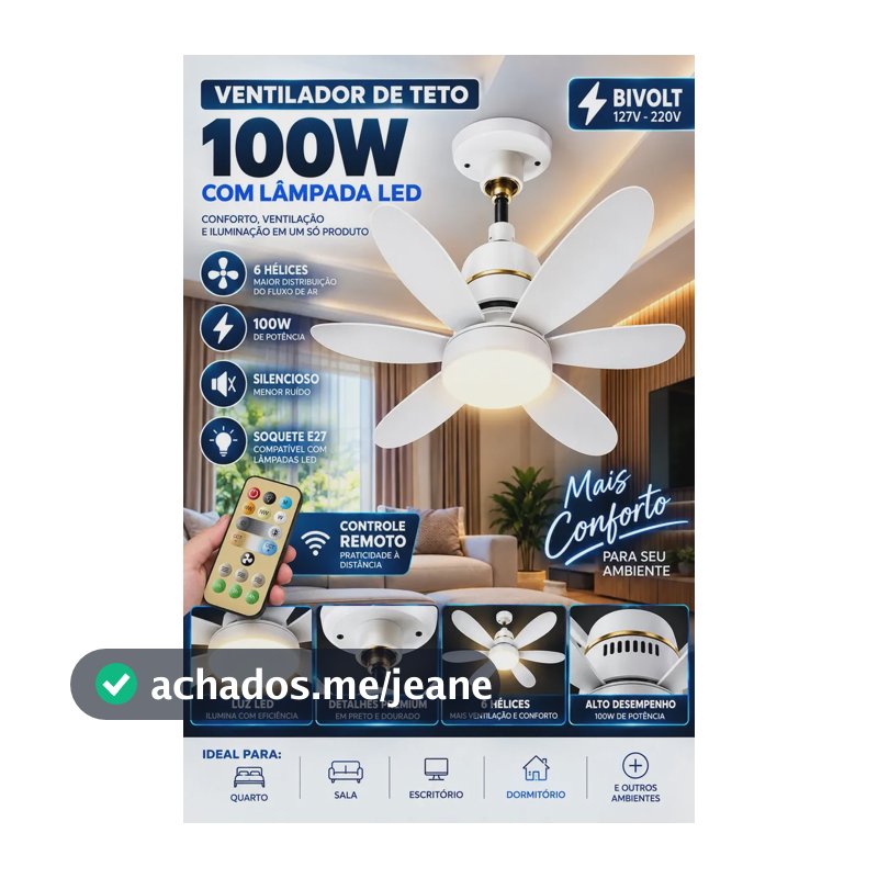 Ventilador de Teto 100W Silencioso Forte com LED, Controle e 6 Pás