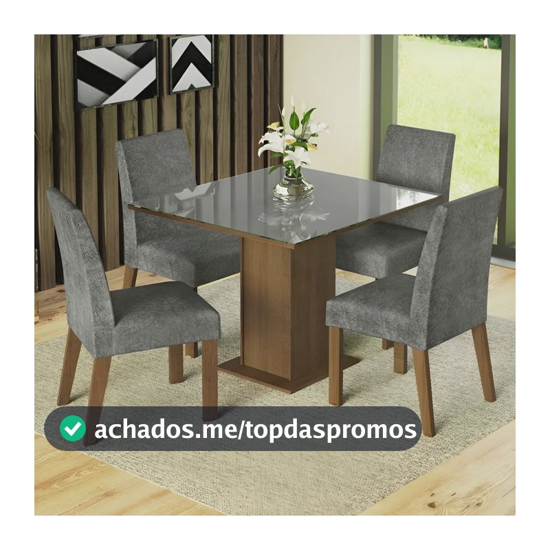 Sala Jantar Estofada Mesa Tampo Vidro 4 Cadeiras Madesa Anne Rcs Cor Rustic/Cinza/Silver MDJA040140F9SIL