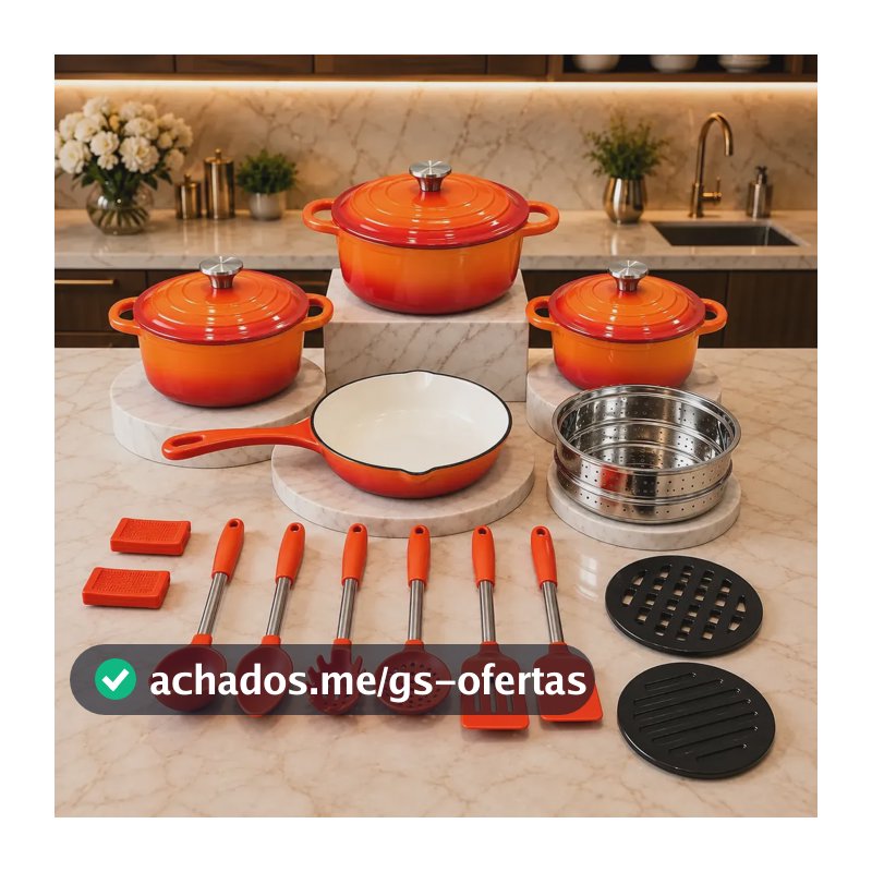 Kit Panelas Ferro Fundido 18 Peças Antiaderente Esmaltada Laranja