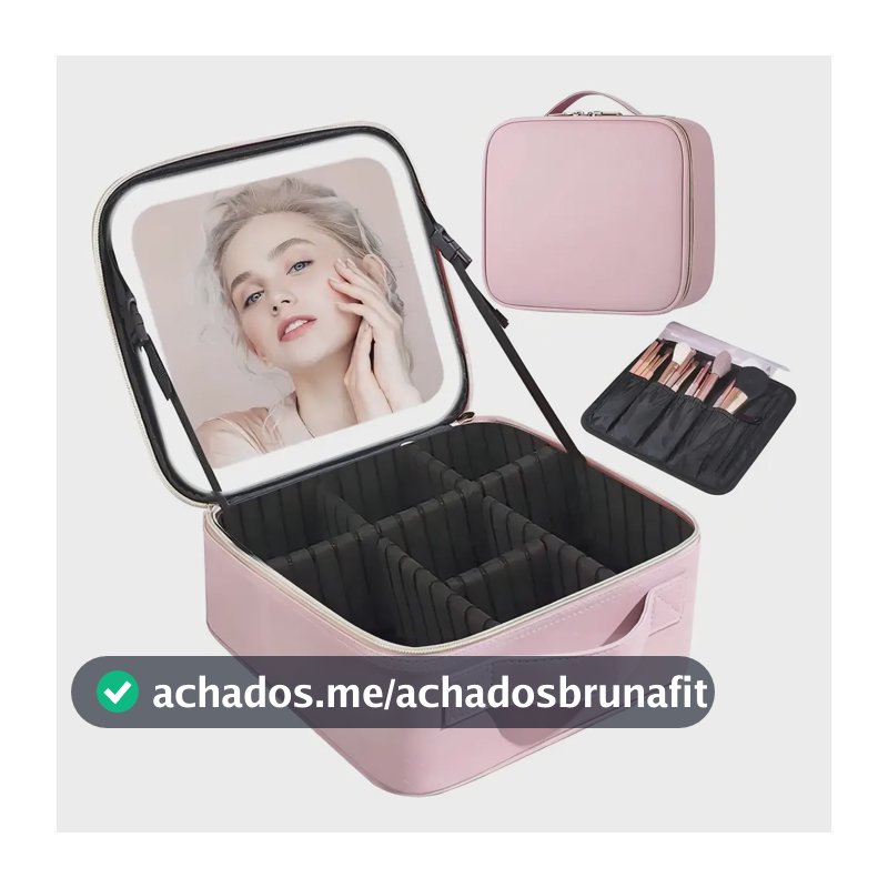 Bolsa de Cosméticos Rosa com Luz e Espelho Portátil Viagem