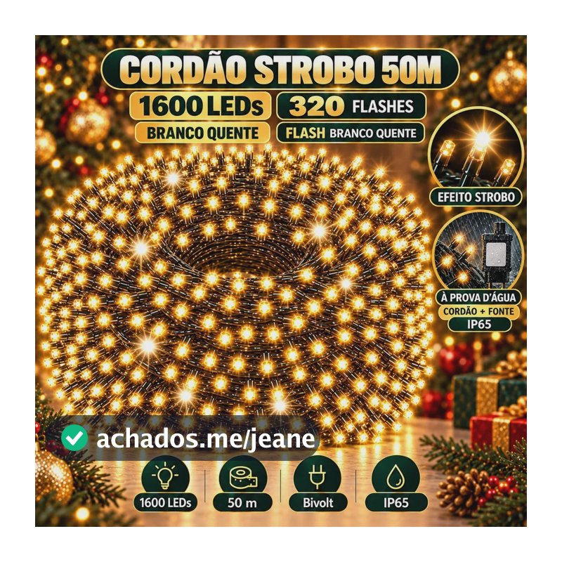 Strobo Pisca Pisca Cordão Natal 1600 Leds 50m Prova D'Água Bivolt Branco Quente 320 Flash Branco Quente Decoração Enfeite Natal LuvinCo