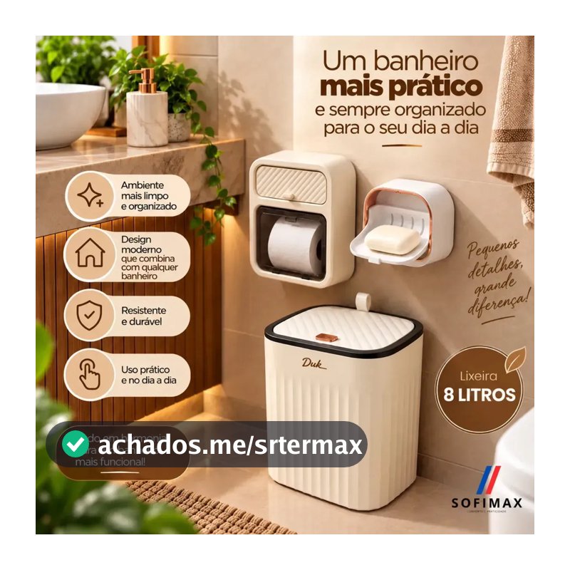 kit lixeira 8 litros cesto antiodor tampa pressão click + saboneteira de parede adesiva + suporte papel higiênico adesivo dispenser organizador não precisa furar a parede kit organizador sofimax