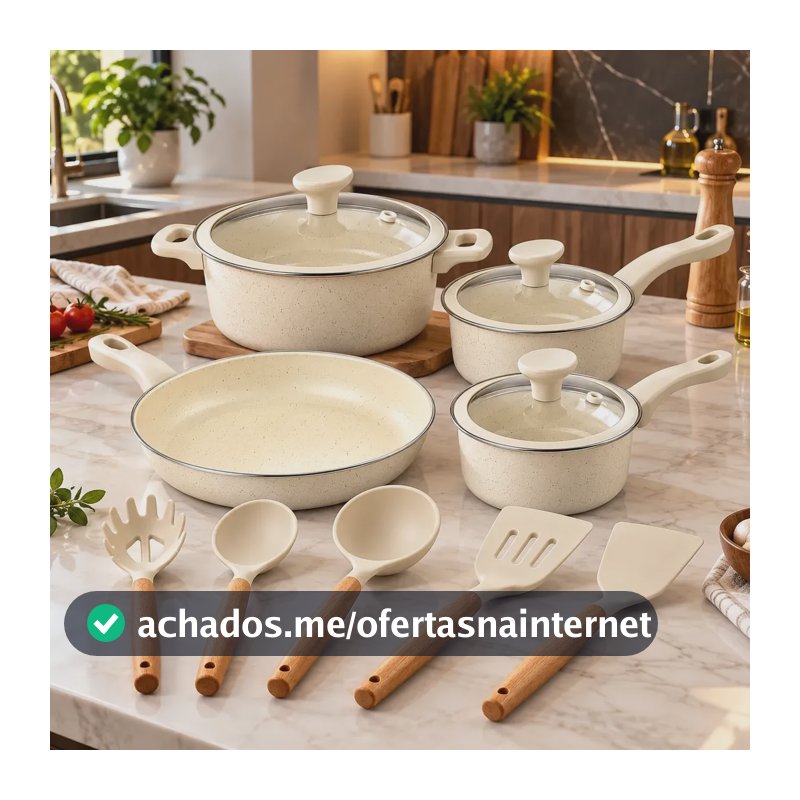Jogo De Panelas Genebra Cerâmica 12 Pçs Antiaderente Indução Creme