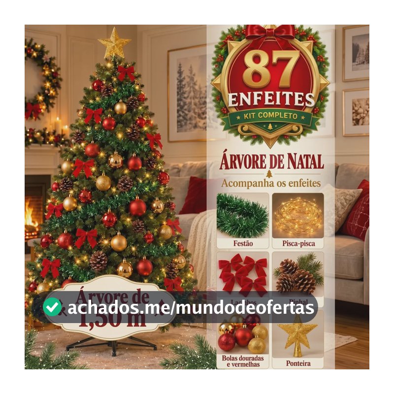 Árvore de Natal 1,50m Decorada Completa com 87 Enfeites Bolas Douradas Vermelhas Pisca Branco Quente Ponteira Festão Pé de Ferro