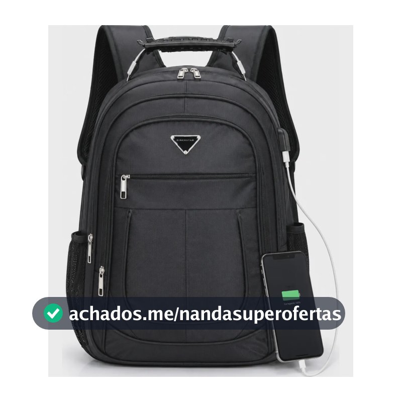 Mochila Notebook 17 Impermeável Reforçada Grande Masculina USB Escolar Trabalho Rincostar Preta Preto Liso