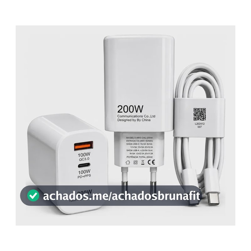 Carregador Turbo 200w Porta Dupla Usb-c Tipo C Super Rápida Branco