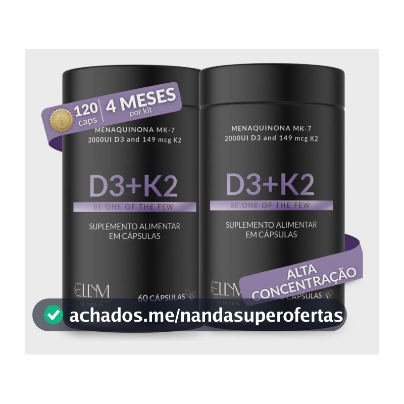 Kit 2 Vitamina D3 K2 Mk7 Capsulas 2000ui 149mcg Menaquinona 7 Colecalciferol Alta Concentração Máxima Absorção Pura D K Ellym Nutrition
