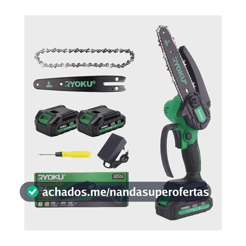 Motosserra Elétrica Brushless 21v 2 Baterias Ryoku 6 Pol Verde 127/220v