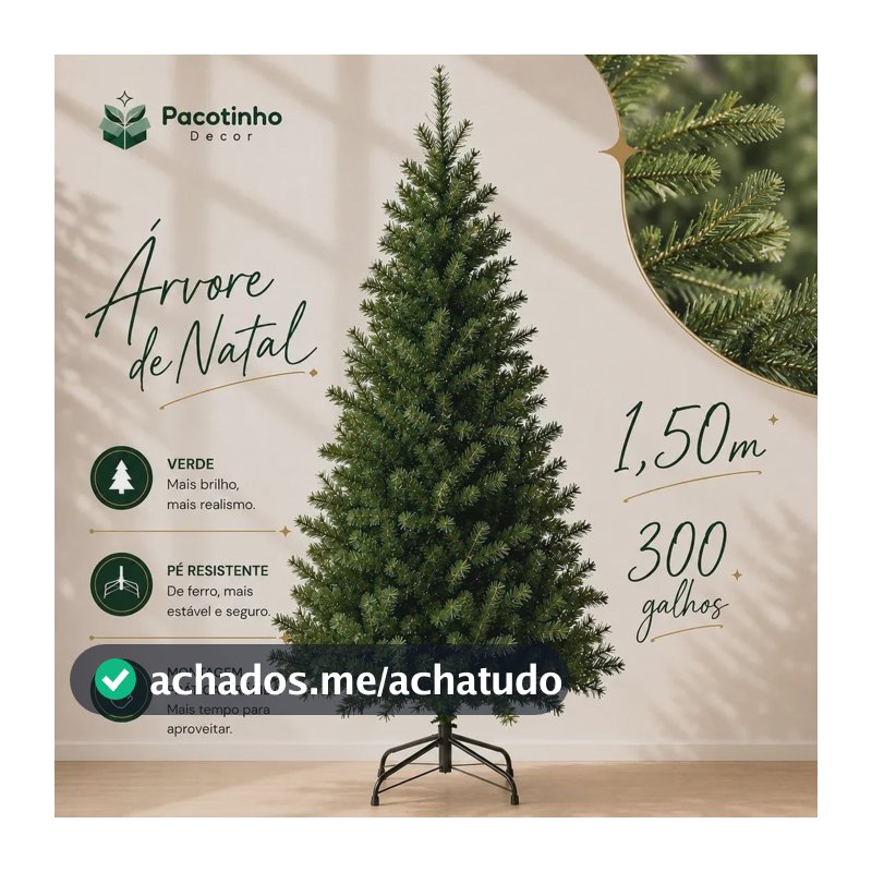 Árvore De Natal 1,50m 300 Galhos Verde Base Metal Pinheiro Canadense Pacotinho Decor