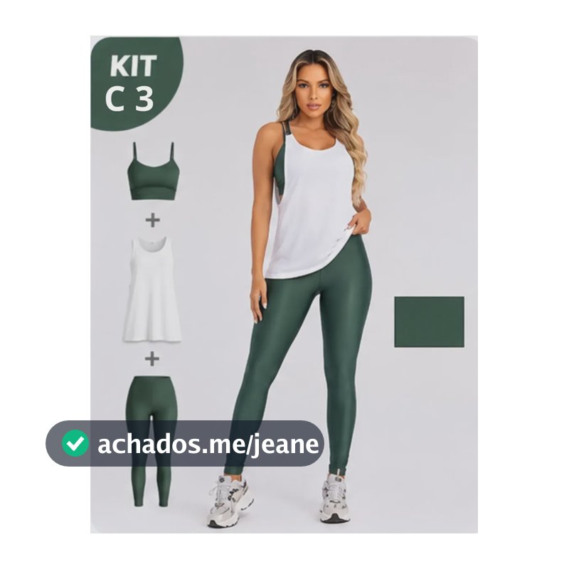 Kit 3 Peça Fitness Roupa Academia Legging + Cropped + Regata Verde Militar G