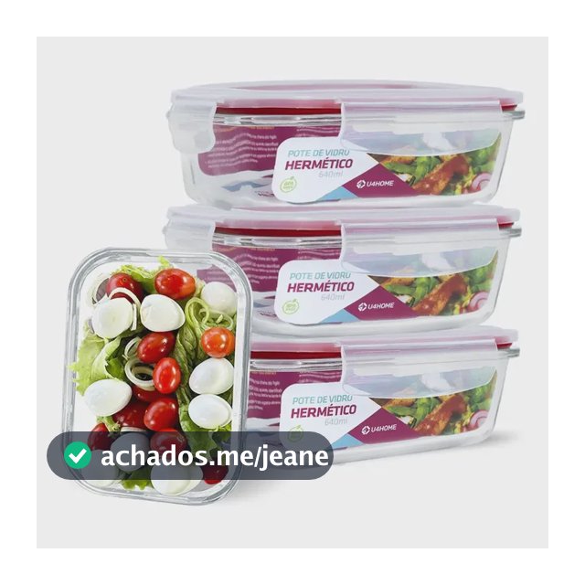 Jogo 4 Potes Vidro Hermético Retangular 640ml Marmita Forno