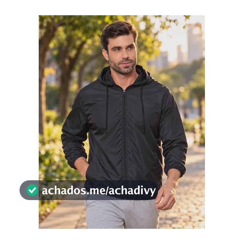 Jaqueta Corta Vento Masculina Impermeável Capuz Zíper Bolso Preto G Liso