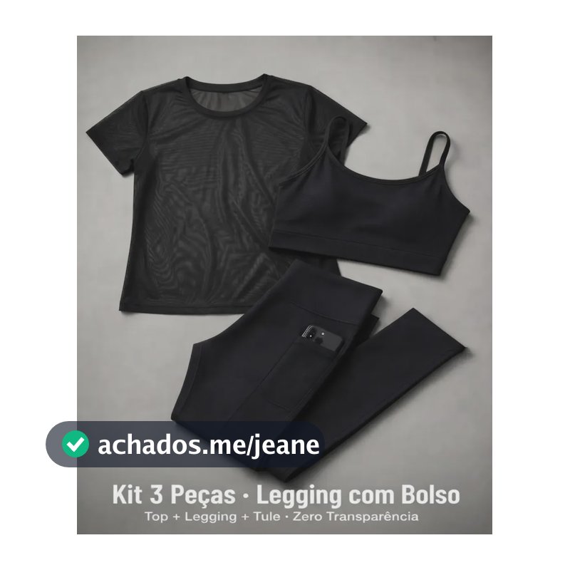 Kit Fitness 3 Peças Top Legging Bolso Camiseta Tule Conjunto Preto Camiseta G